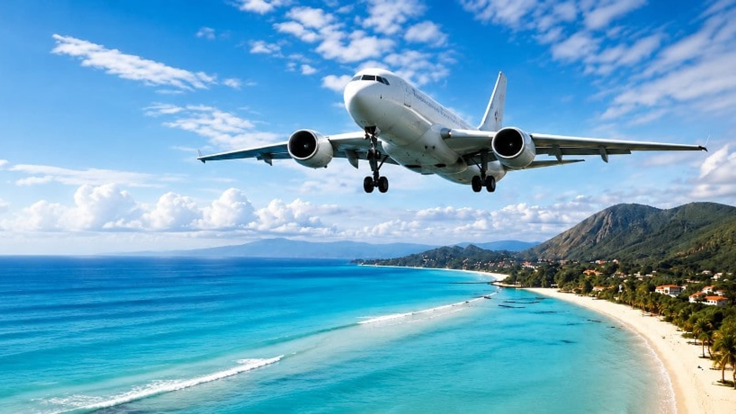 Avion en vol dans un ciel bleu au-dessus d’un littoral tropical — Lange Sky